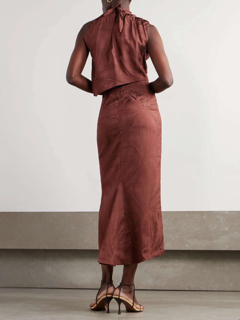 Back view of the Johanna Ortiz Finding Balance Draped Cutout Jacquard Midi Dress