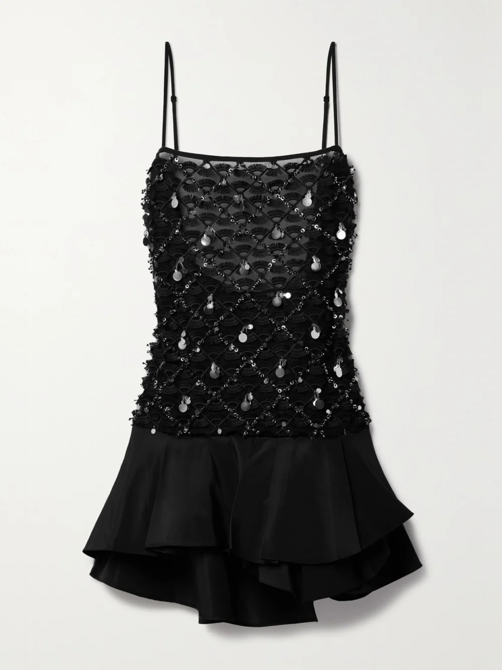 Johanna Ortiz Folky Affair Embellished Embroidered Tulle and Ruffled Silk-faille Mini Dress in black
