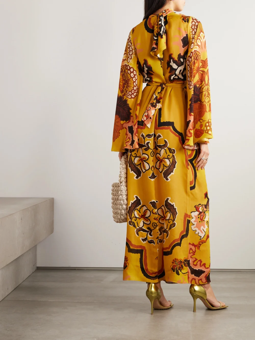 Back view of the Johanna Ortiz Frontier Melodies Embroidered Printed Silk-georgette Maxi Dress