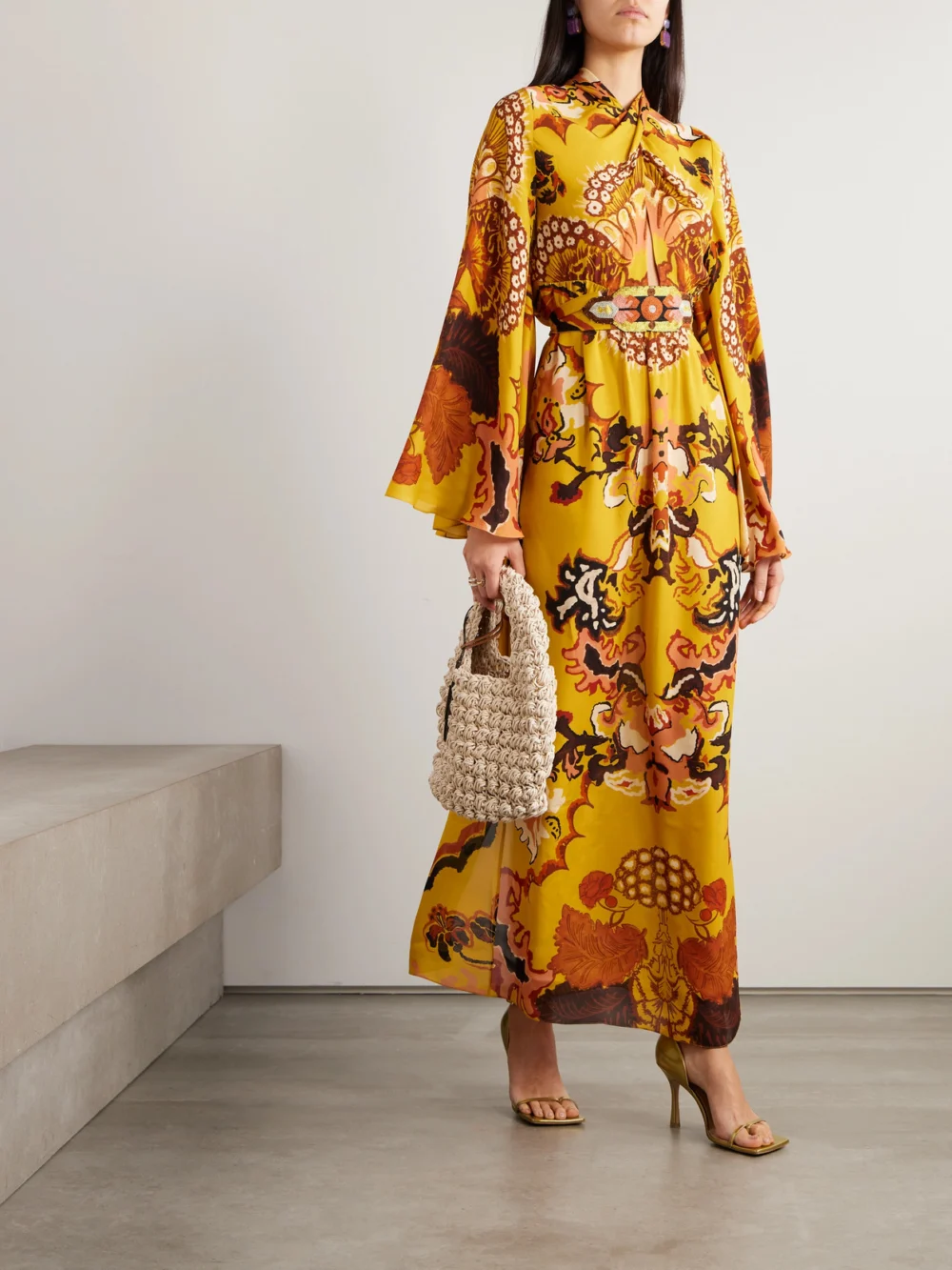 Johanna Ortiz Frontier Melodies Embroidered Printed Silk-georgette Maxi Dress, worn by a model