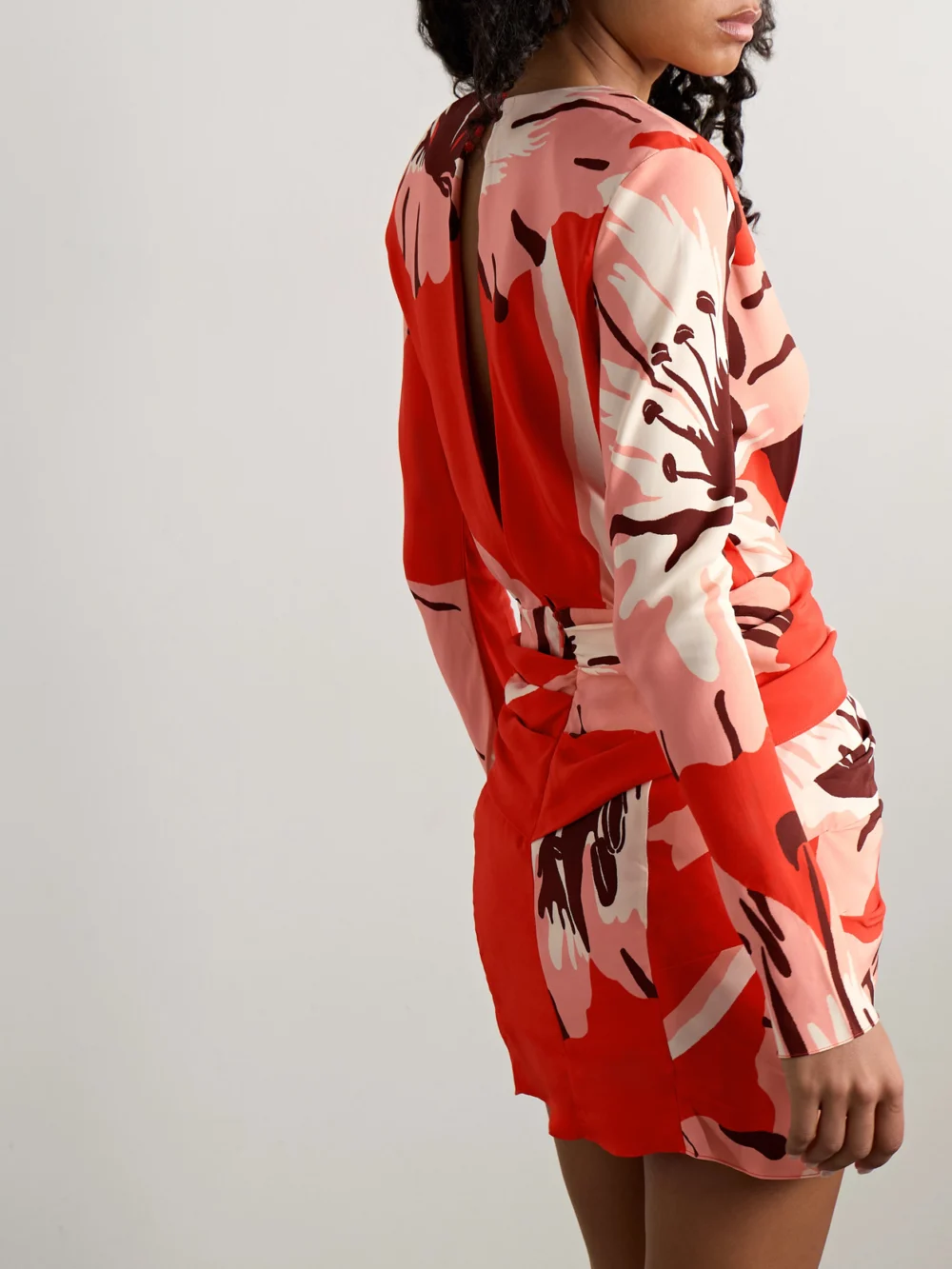 Back view of the Johanna Ortiz Gangaway Twist-front Floral-print Crepe Mini Dress