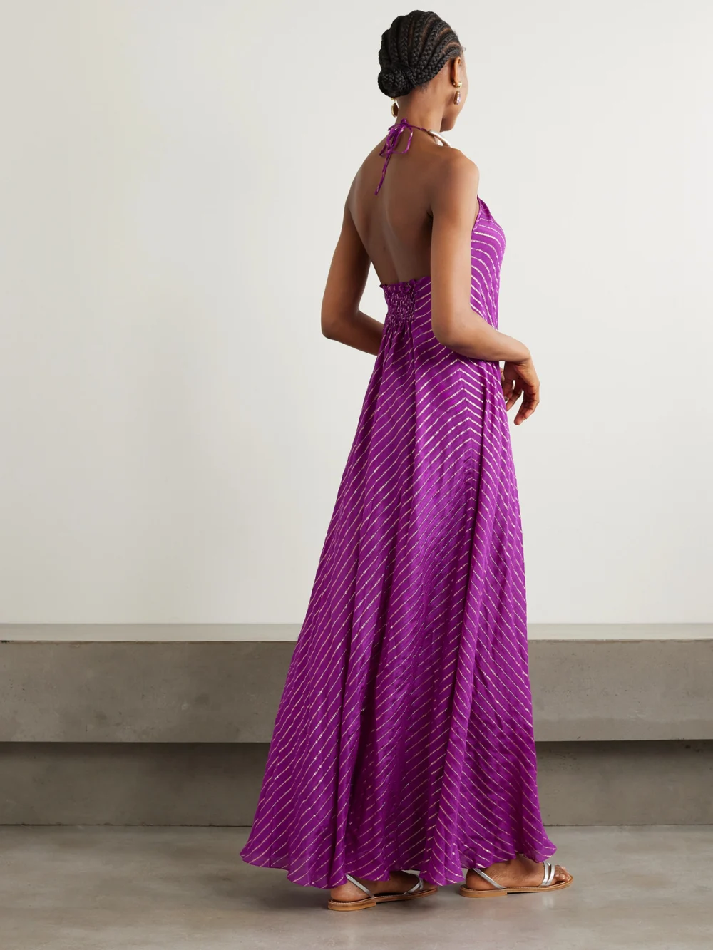Back view of the Johanna Ortiz Majestic Power Embellished Silk-blend Chiffon Halterneck Maxi Dress