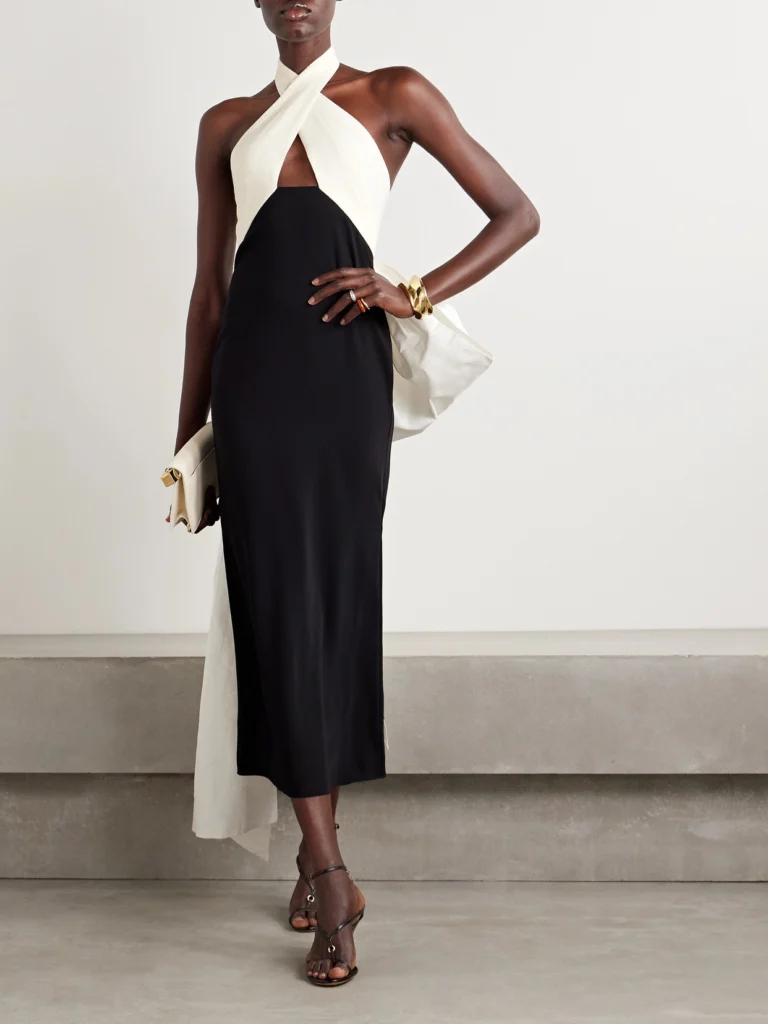 Johanna Ortiz Nomadic Tales Bow-detailed Taffeta-trimmed Crepe Halterneck Midi Dress
