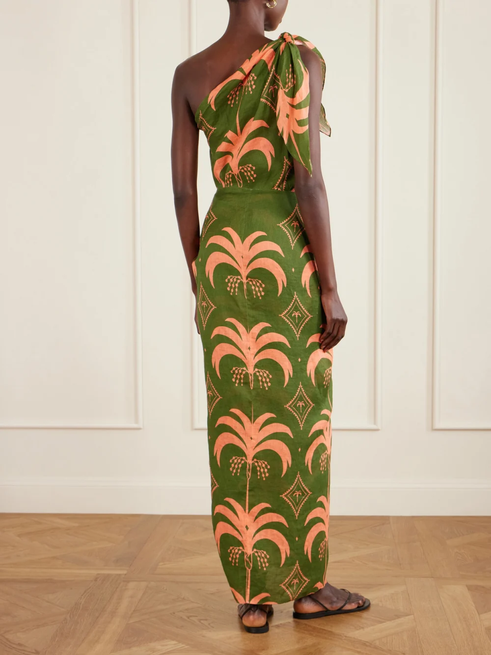 Back view of the Johanna Ortiz Seaweed One-shoulder Printed Linen Maxi Dress