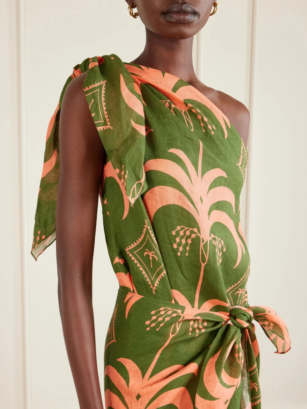 Close-up detail of the Johanna Ortiz Seaweed One-shoulder Printed Linen Maxi Dress