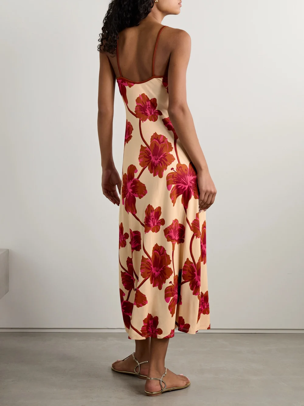 Back view of the Johanna Ortiz Sendero De Astromelias Floral-print Satin Maxi Dress