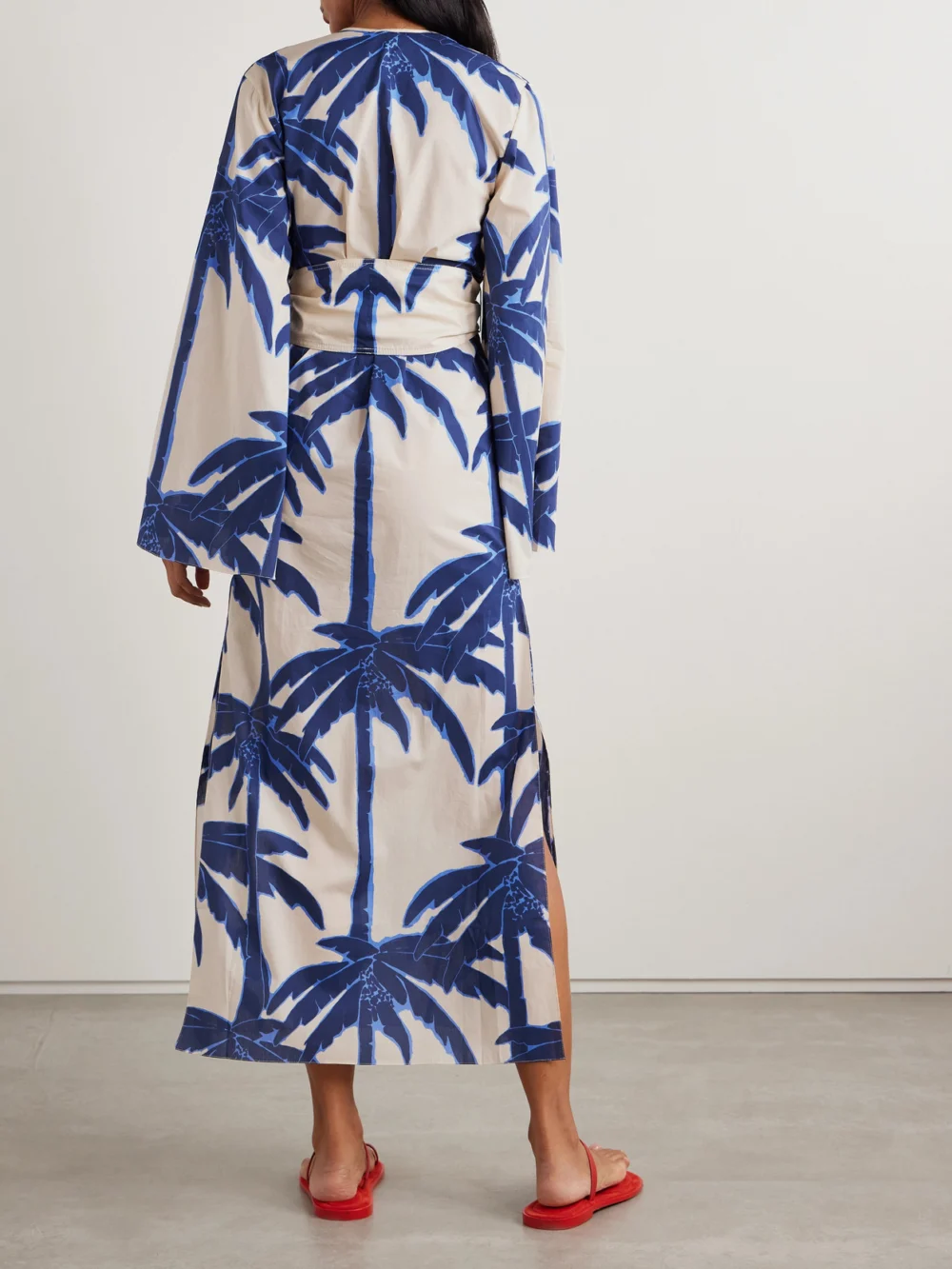 Back view of the Johanna Ortiz Sotaviento Belted Printed Cotton-voile Midi Dress