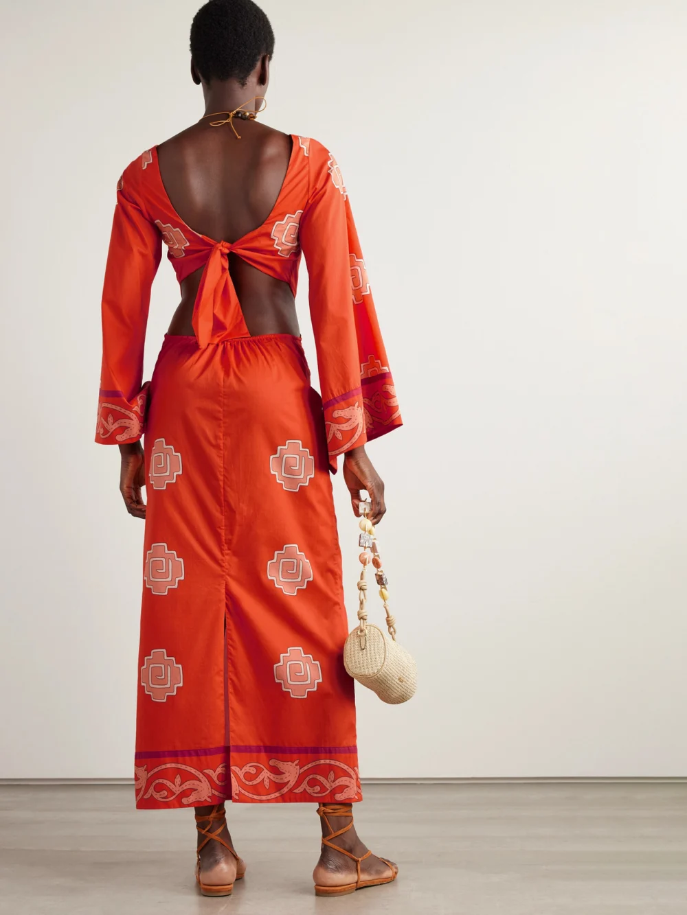 Back view of the Johanna Ortiz Underwater Sanctuary Open-back Printed Cotton-poplin Maxi Dress