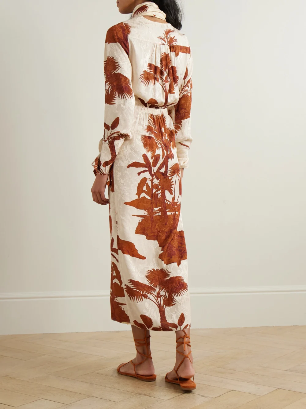 Back view of the Johanna Ortiz Unmooring Tie-detailed Printed Satin-jacquard Midi Wrap Dress