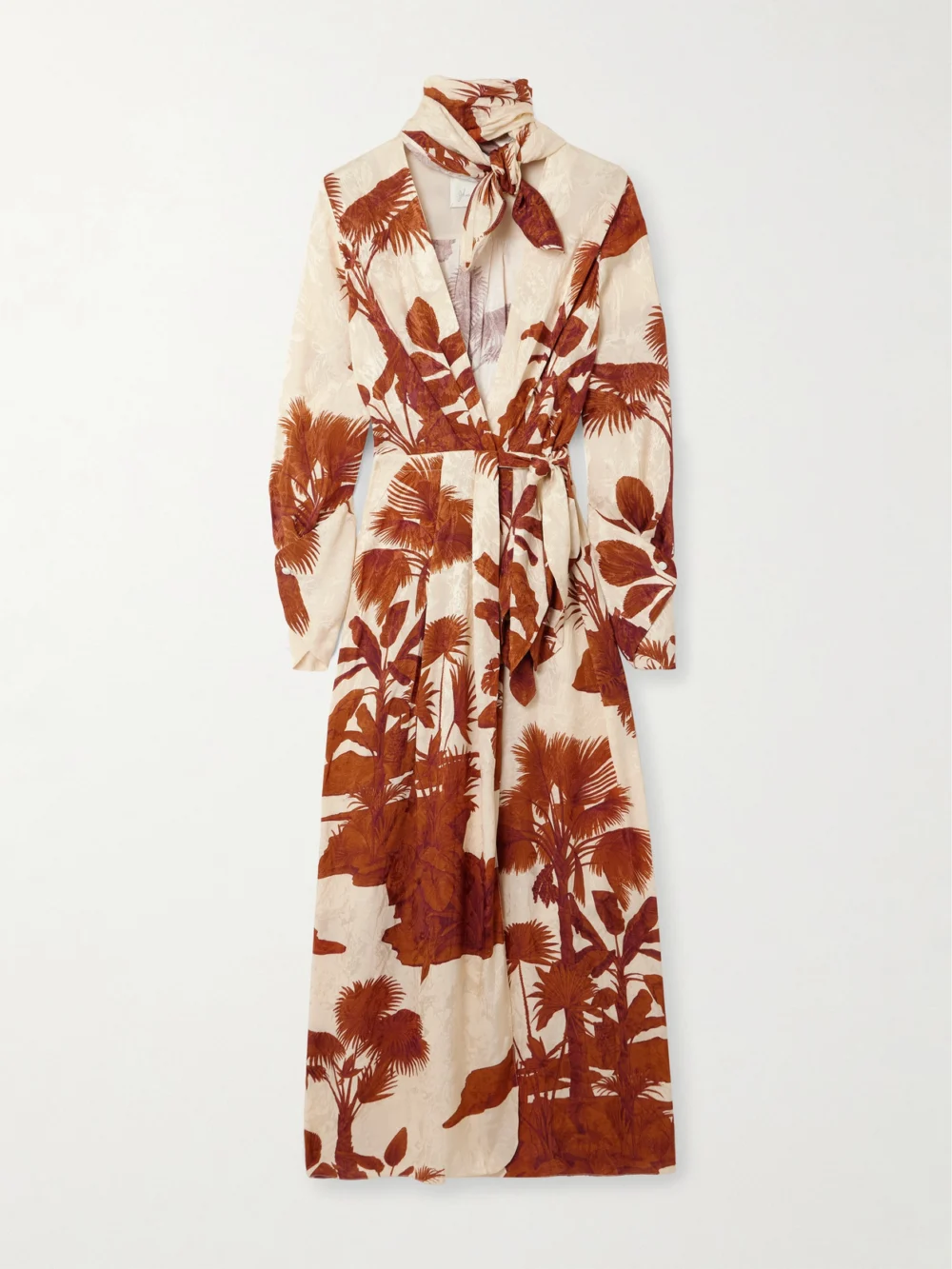 Johanna Ortiz Unmooring Tie-detailed Printed Satin-jacquard Midi Wrap Dress in brown