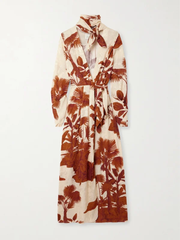 Johanna Ortiz Unmooring Tie-detailed Printed Satin-jacquard Midi Wrap Dress