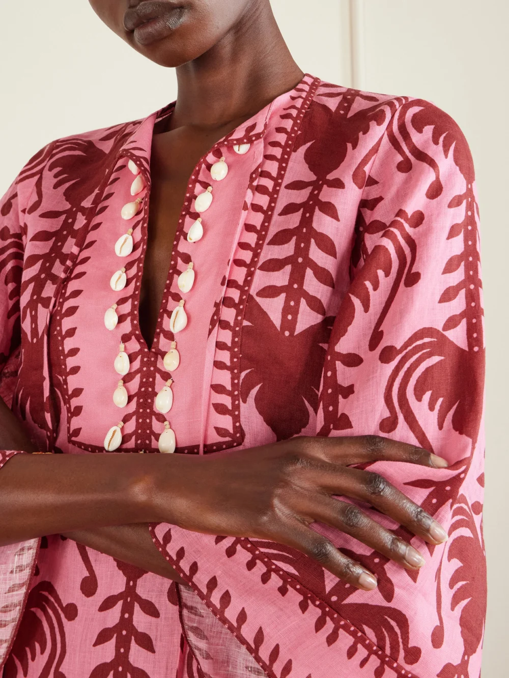 Close-up detail of the Johanna Ortiz Wild Savannah Shell-embellished Linen Mini Dress