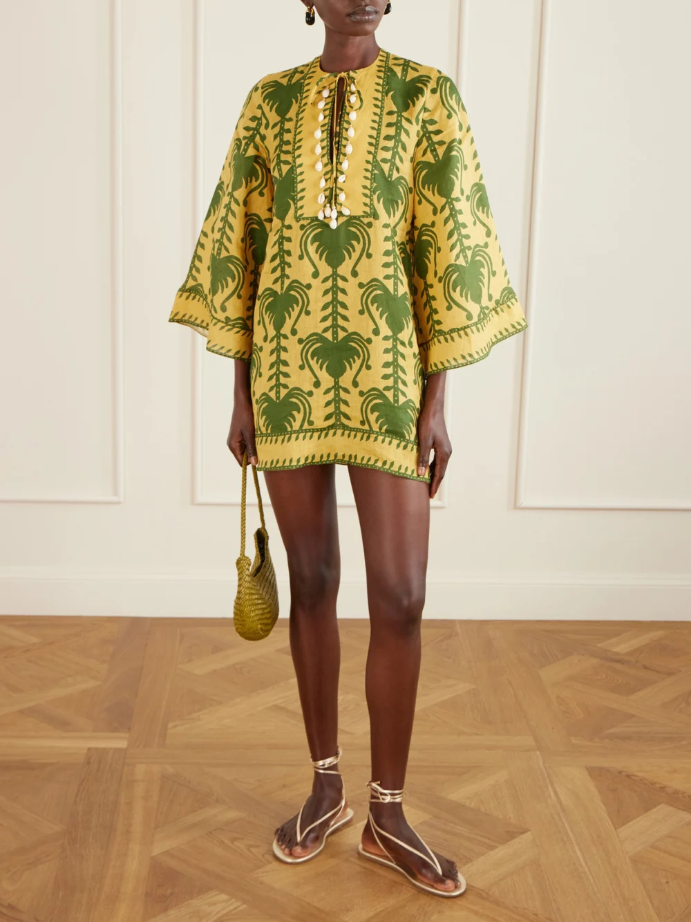 Johanna Ortiz Wild Savannah Shell-embellished Linen Mini Dress, worn by a model