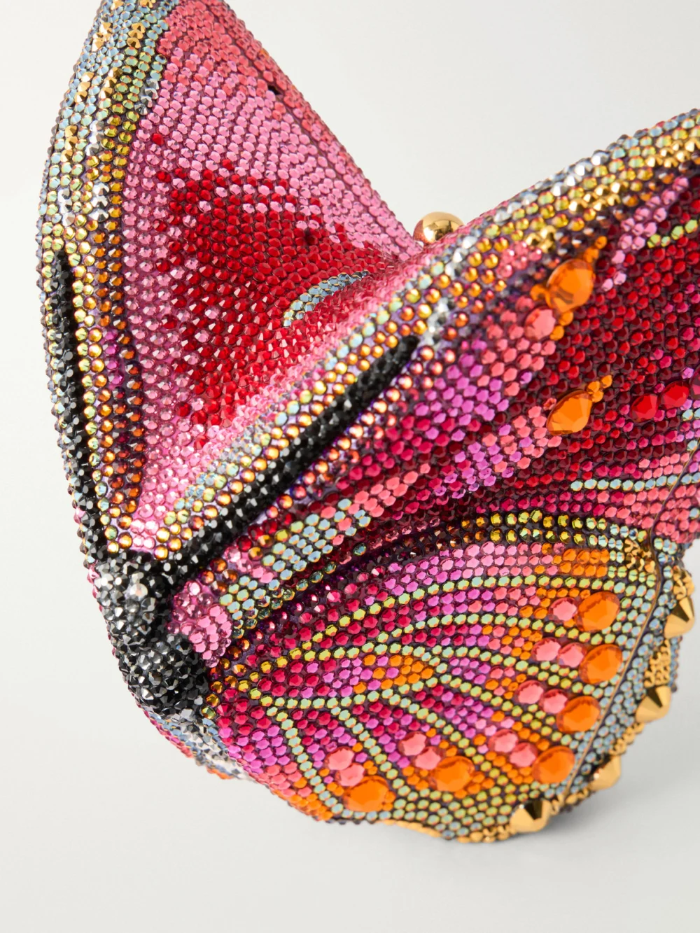 Close-up detail of the Judith Leiber Couture Butterfly Fireclipper Crystal-embellished Gold-tone Clutch