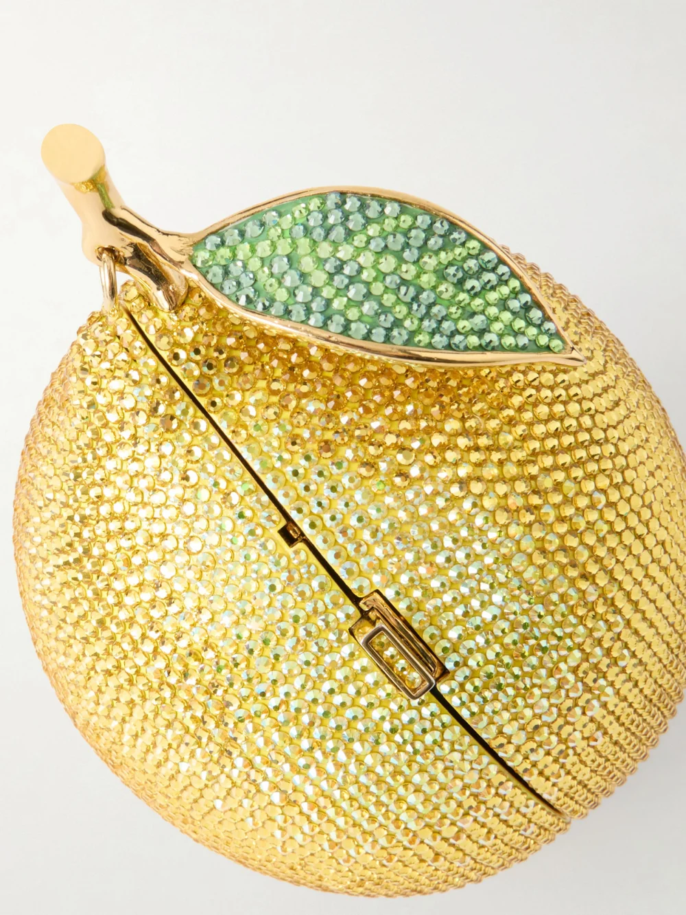 Close-up detail of the Judith Leiber Couture Citron Crystal-embellished Gold-tone Clutch