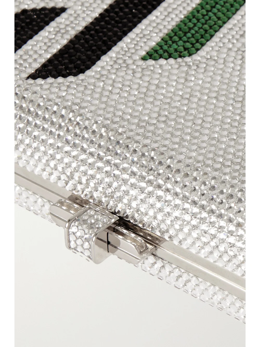 Close-up detail of the Judith Leiber Couture Emirates Crystal-embellished Silver-tone Clutch