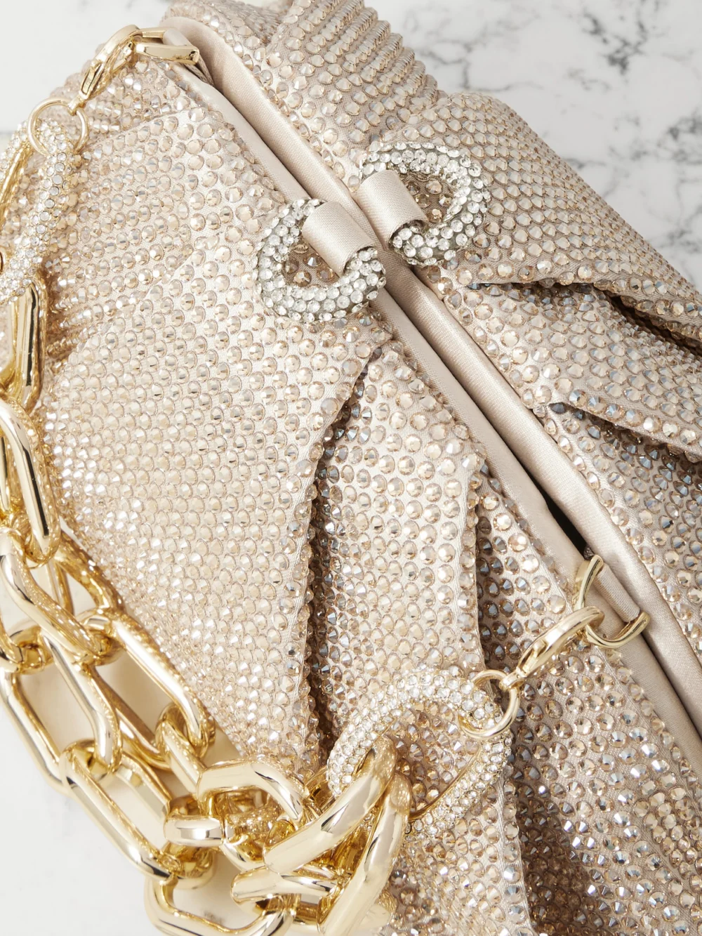 Close-up detail of the Judith Leiber Couture Gemma Crystal-embellished Satin Clutch