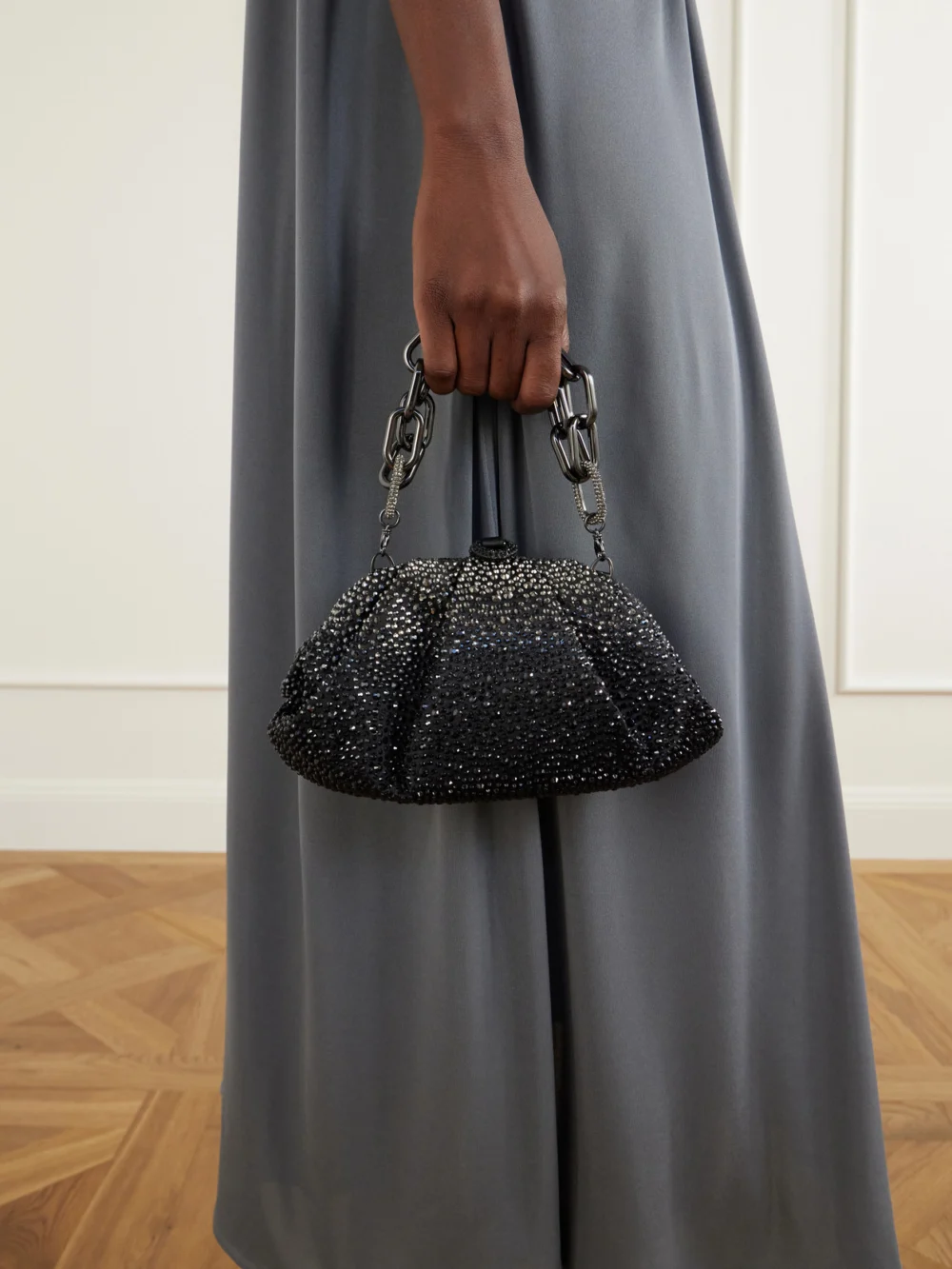 Judith Leiber Couture Gemma Crystal-embellished Silver-tone Clutch, styled view