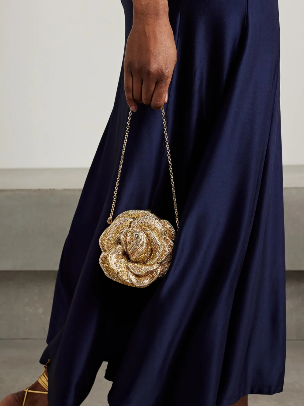 Judith Leiber Couture Golden Rose Crystal-embellished Gold-tone Clutch, styled view
