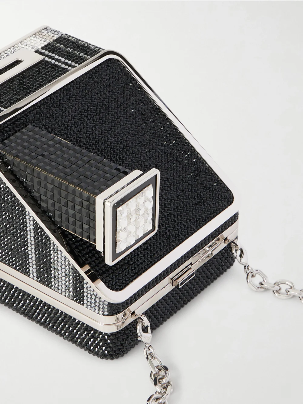 Close-up detail of the Judith Leiber Couture Image Crystal-embellished Silver-tone Clutch