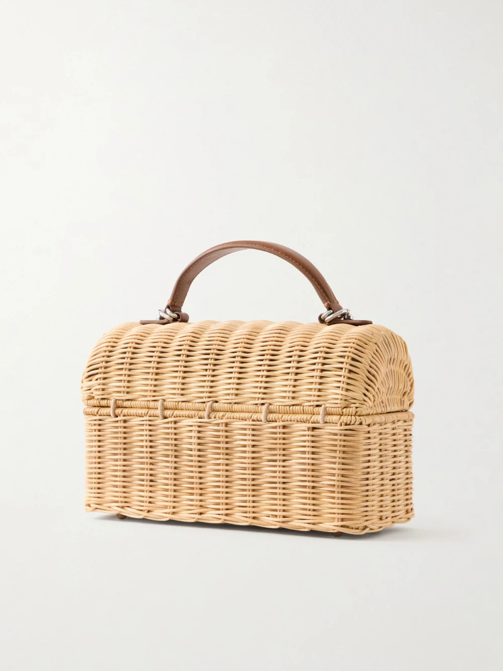 Back view of the Judith Leiber Couture Isla Basket Leather-trimmed Raffia Clutch