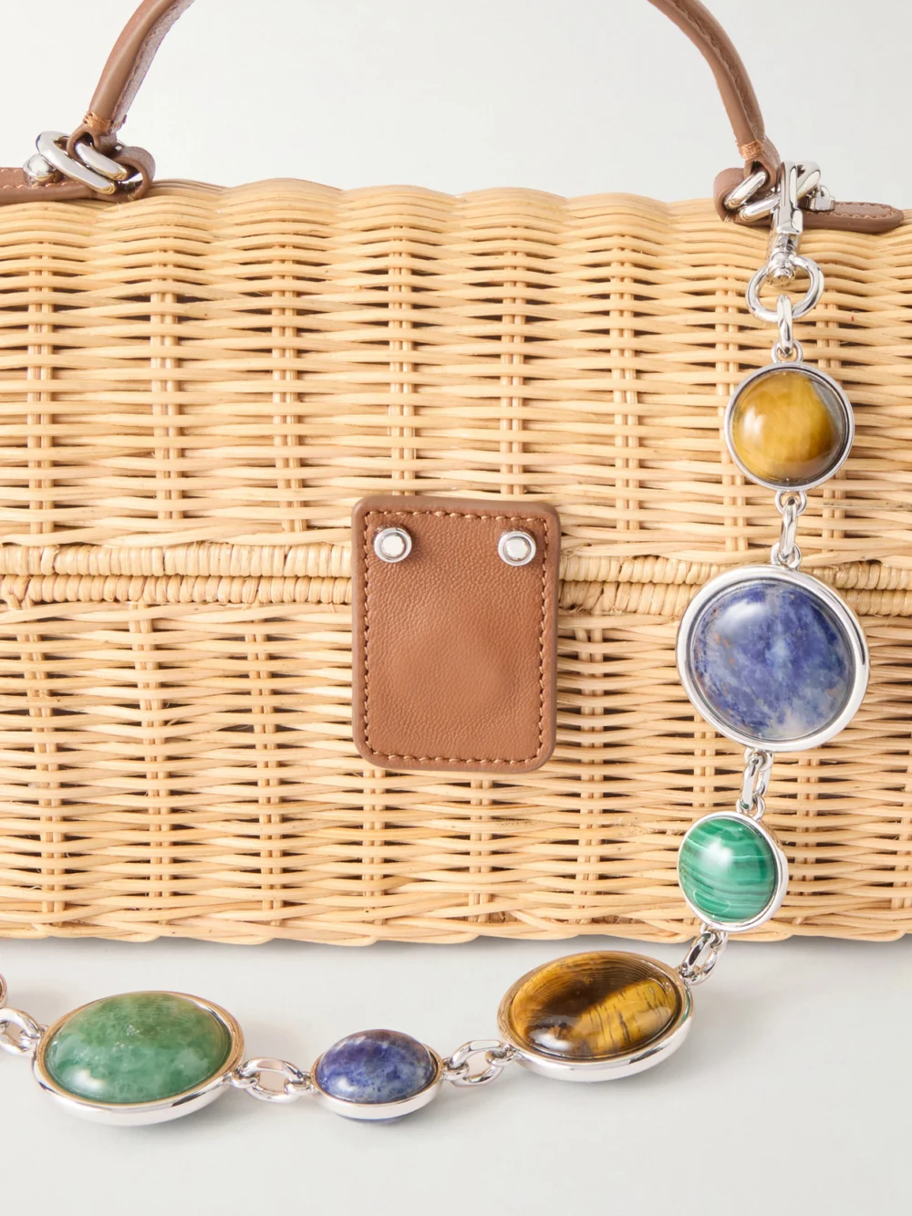 Close-up detail of the Judith Leiber Couture Isla Basket Leather-trimmed Raffia Clutch