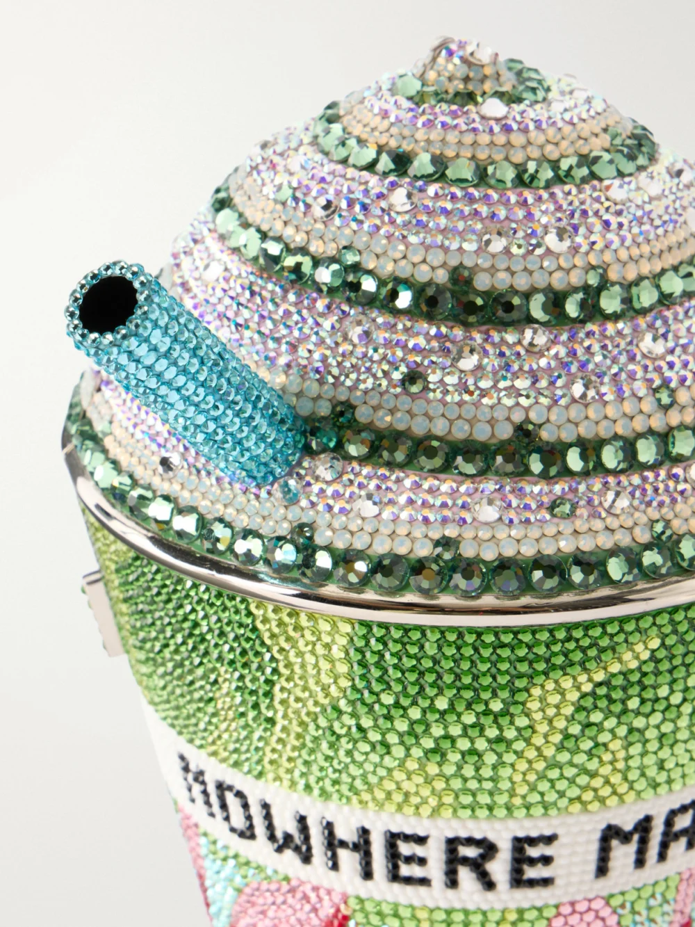Close-up detail of the Judith Leiber Couture Matcha Crystal-embellished Silver-tone Clutch