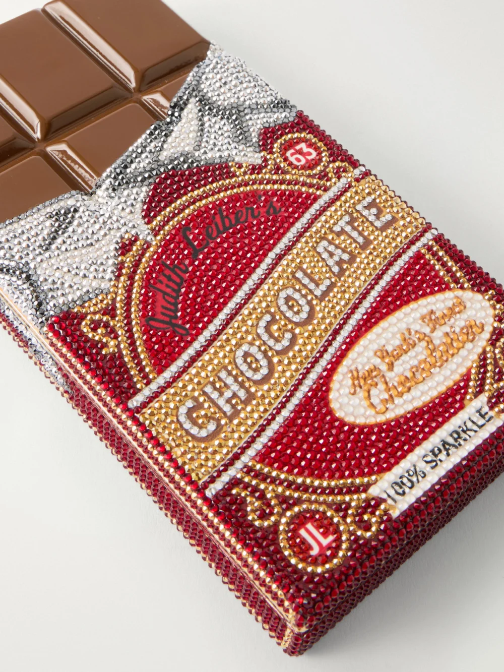 Close-up detail of the Judith Leiber Couture Milk Chocolate Crystal-embellished Clutch