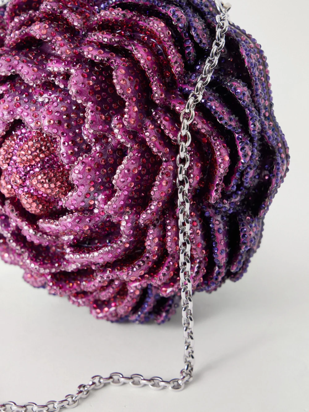 Close-up detail of the Judith Leiber Couture Peony Belladonna Crystal-embellished Silver-tone Clutch