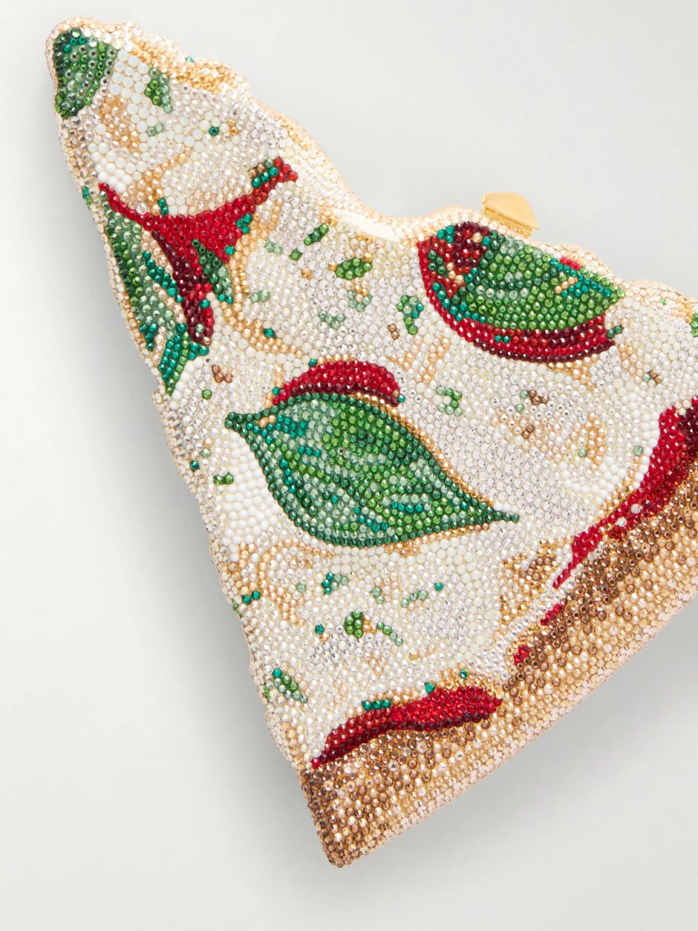 Close-up detail of the Judith Leiber Couture Pizza Crystal-embellished Gold-tone Clutch