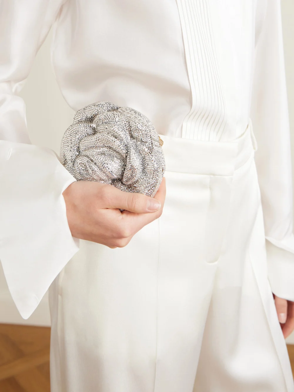 Judith Leiber Couture Rose Desiree Crystal-embellished Silver-tone Clutch, styled view