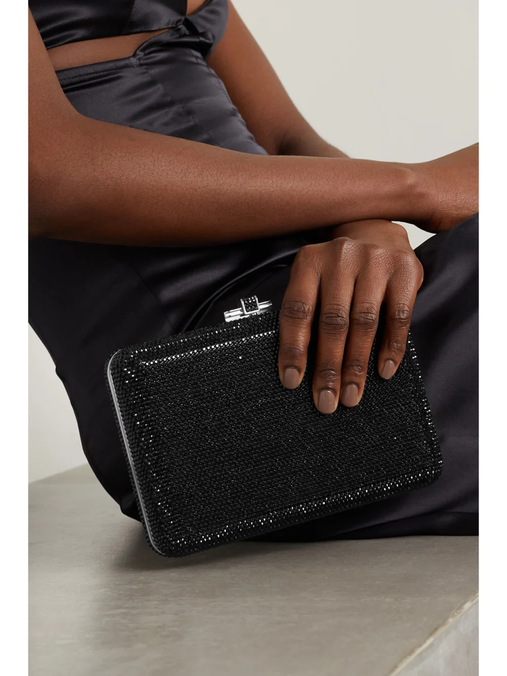 Judith Leiber Couture Slim Slide Crystal-embellished Silver-tone Clutch, styled view