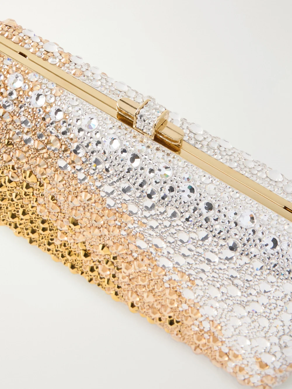 Close-up detail of the Judith Leiber Couture Slim Slide Crystal-embellished Silver-tone Clutch