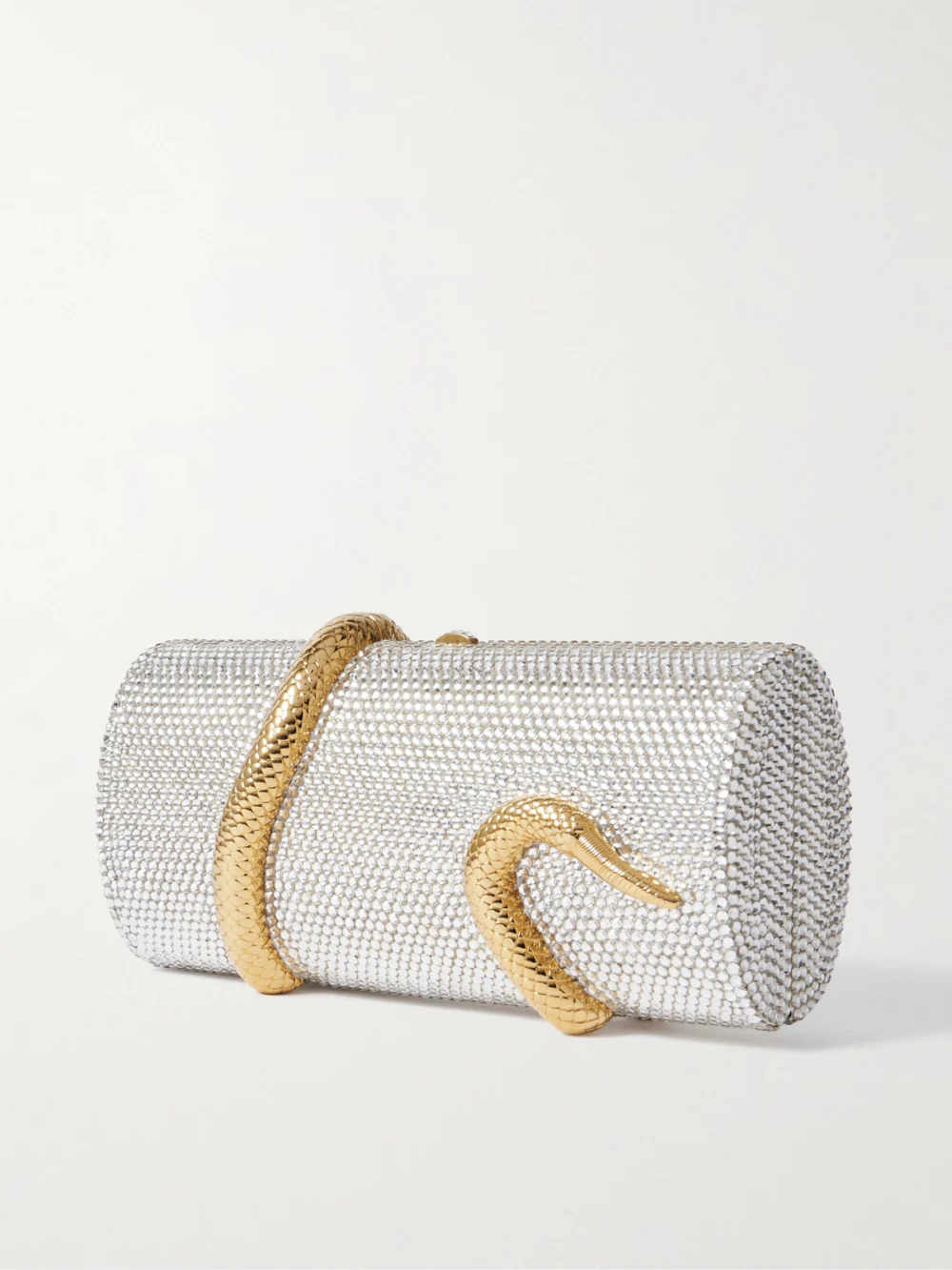 Back view of the Judith Leiber Couture Snake Crystal-embellished Gold and Silver-tone Clutch