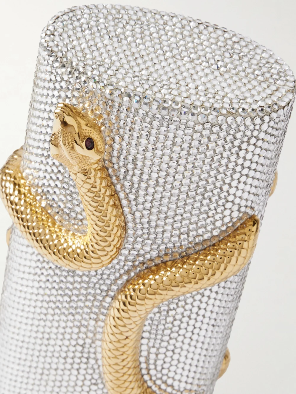 Close-up detail of the Judith Leiber Couture Snake Crystal-embellished Gold and Silver-tone Clutch