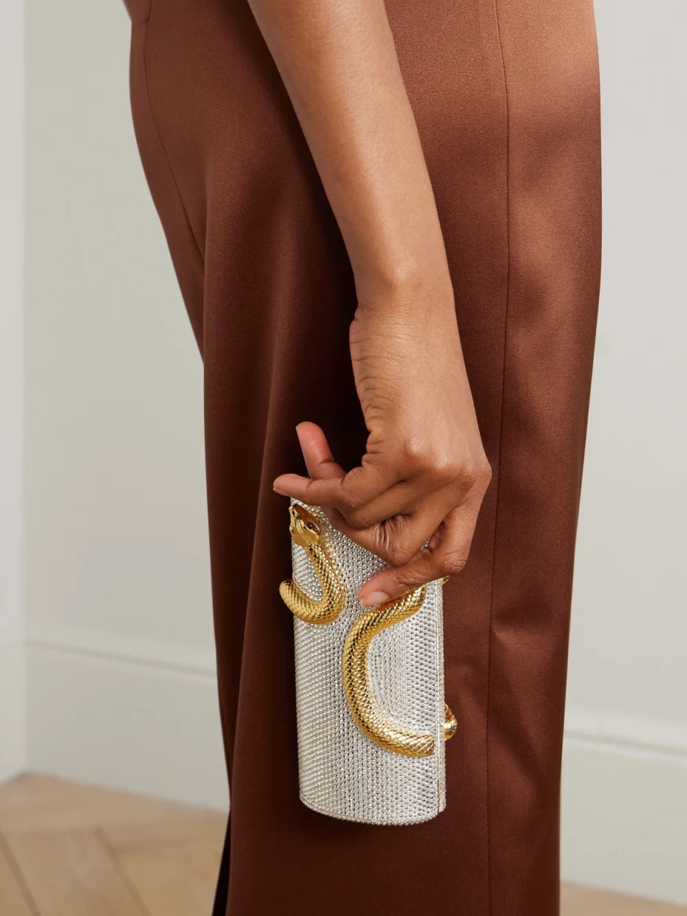 Judith Leiber Couture Snake Crystal-embellished Gold and Silver-tone Clutch, styled view