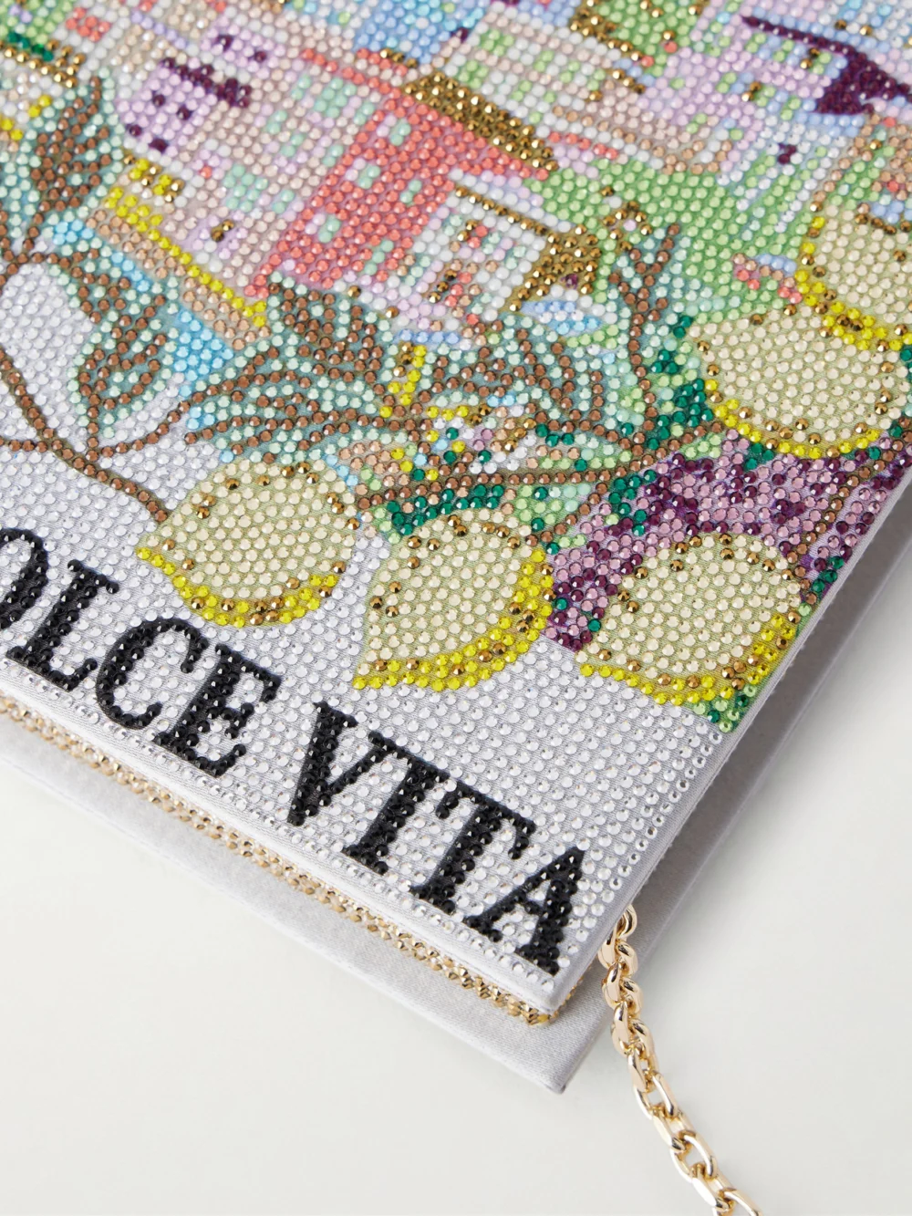 Close-up detail of the Judith Leiber Couture Storybook Crystal-embellished Clutch