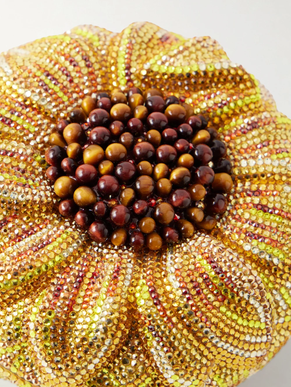 Close-up detail of the Judith Leiber Couture Sunflower Crystal-embellished Gold-tone Clutch