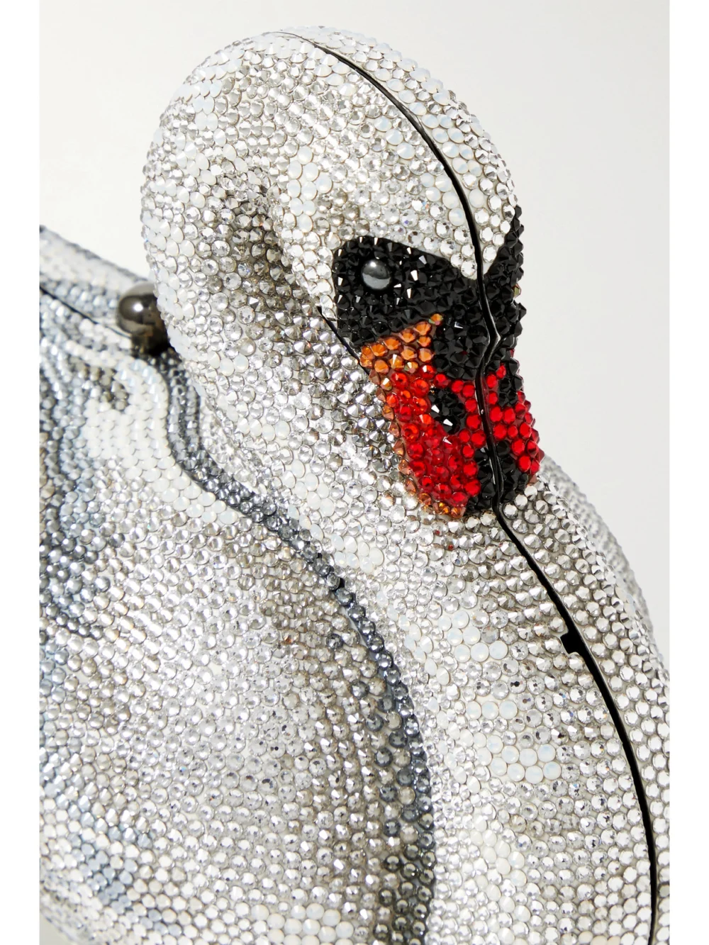Close-up detail of the Judith Leiber Couture Swan Odette Crystal-embellished Silver-tone Clutch