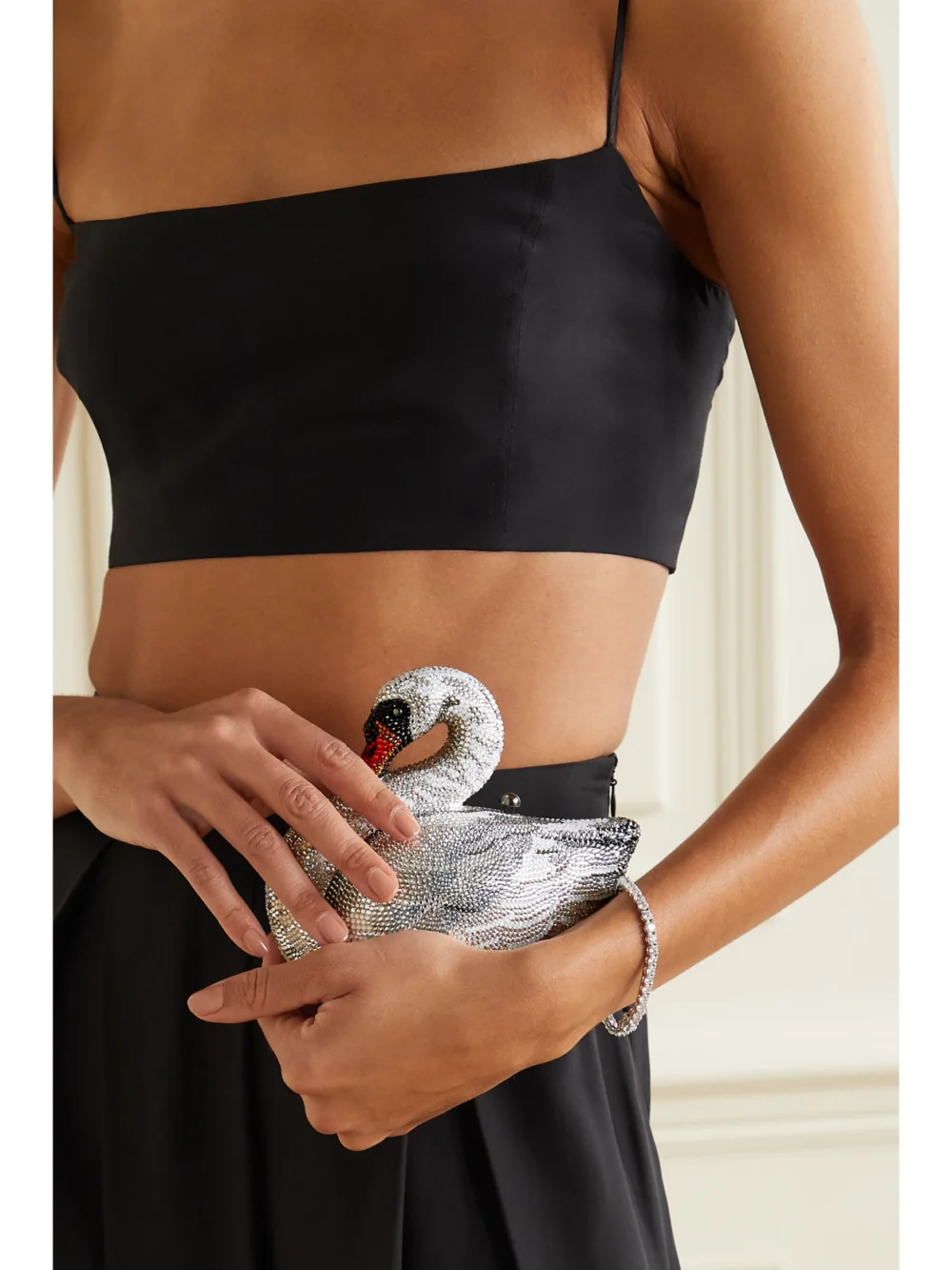 Judith Leiber Couture Swan Odette Crystal-embellished Silver-tone Clutch, styled view