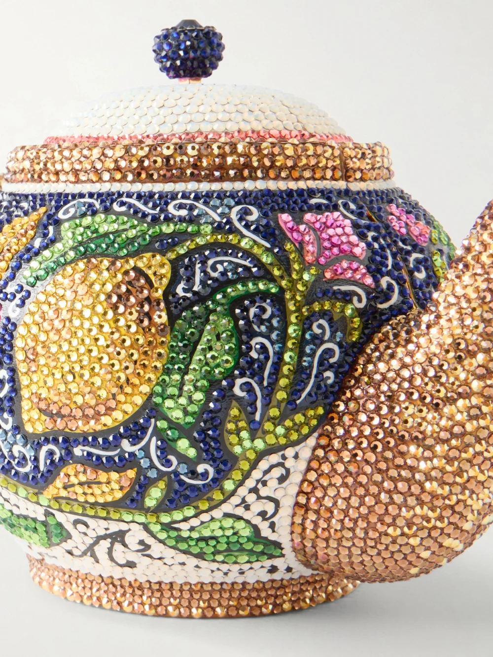 Close-up detail of the Judith Leiber Couture Teapot Crystal-embellished Gold-tone Clutch