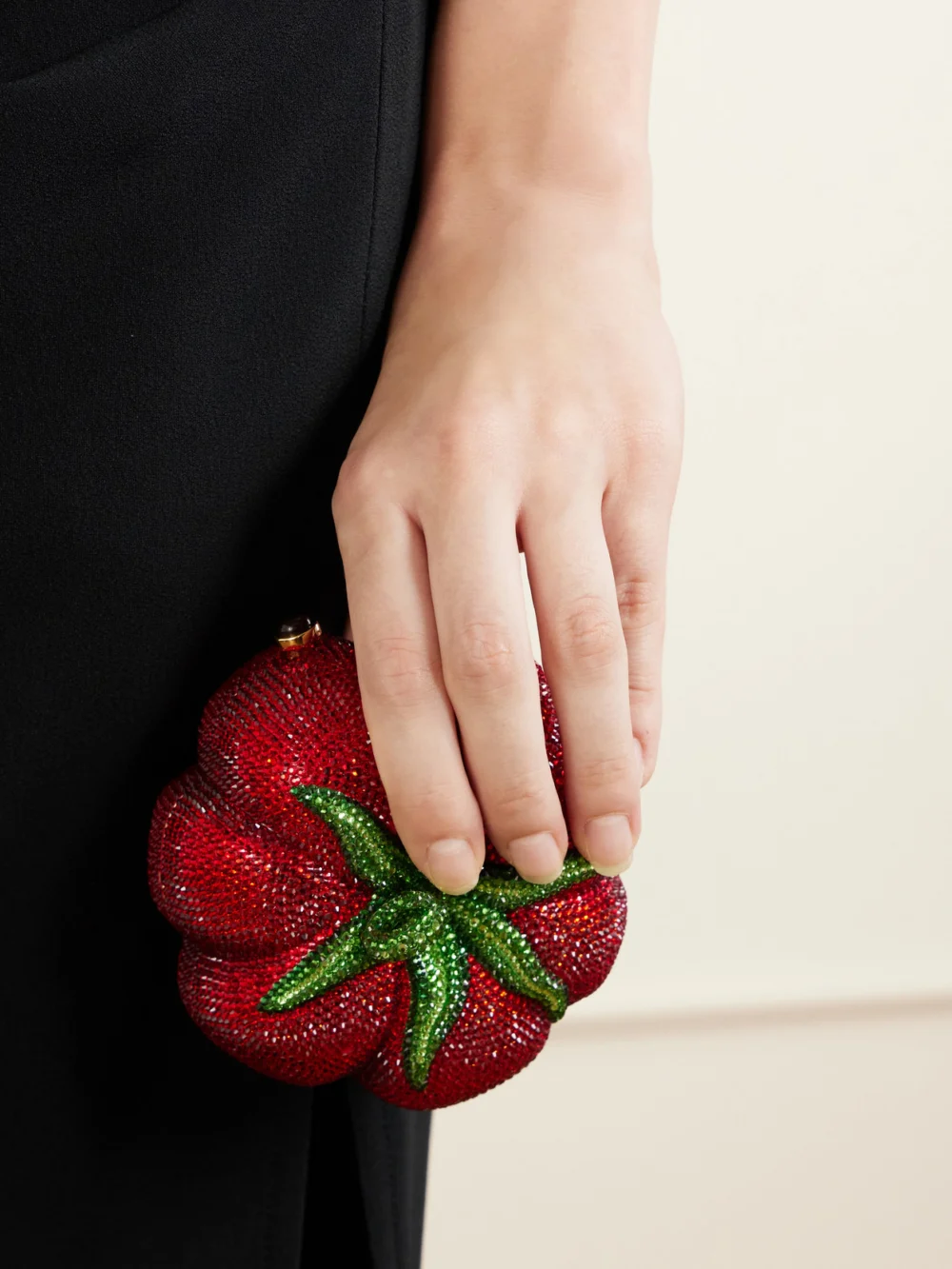 Judith Leiber Couture Tomato Crystal-embellished Gold-tone Clutch, styled view