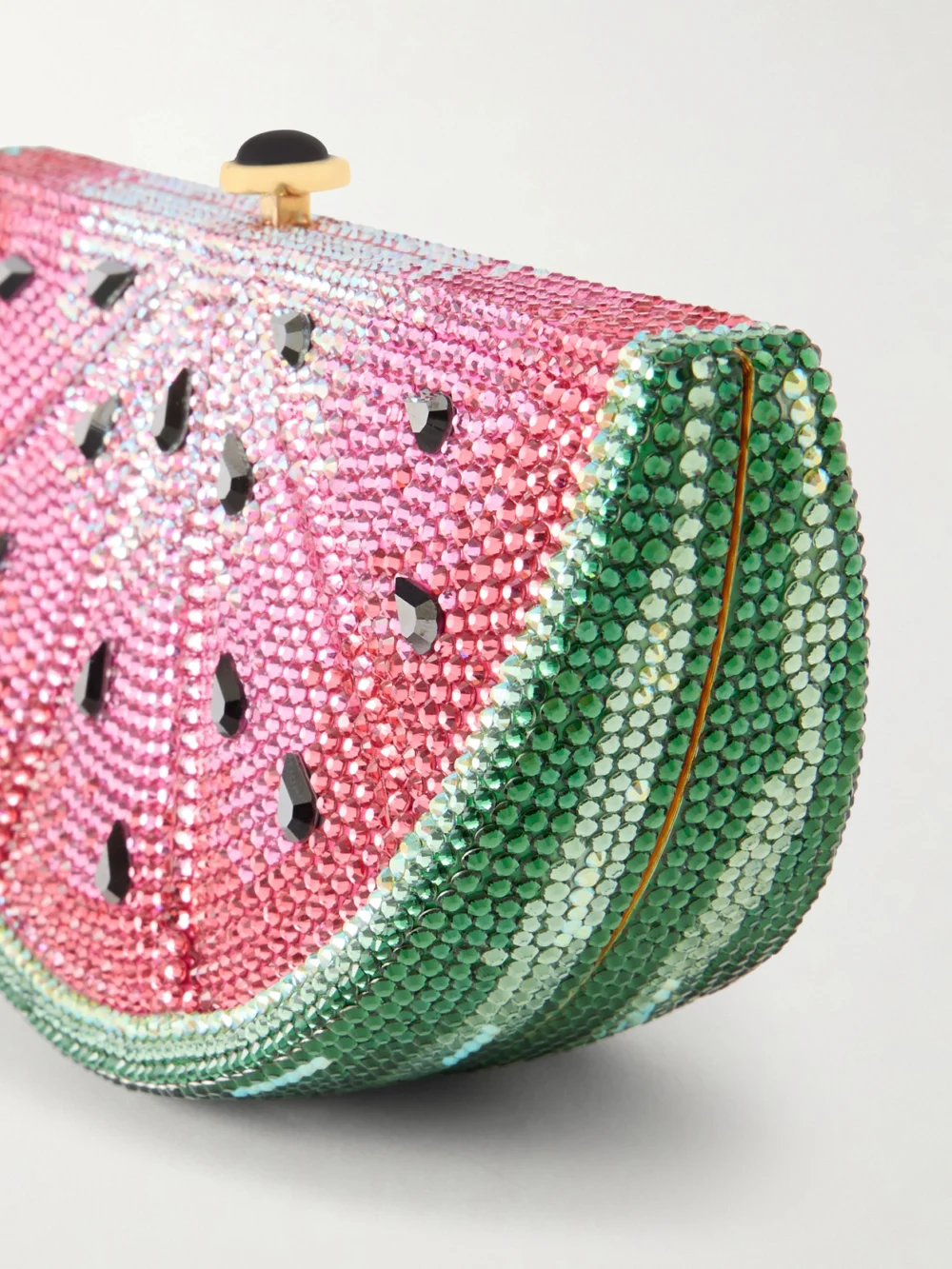 Close-up detail of the Judith Leiber Couture Watermelon Slice Crystal-embellished Gold-tone Clutch