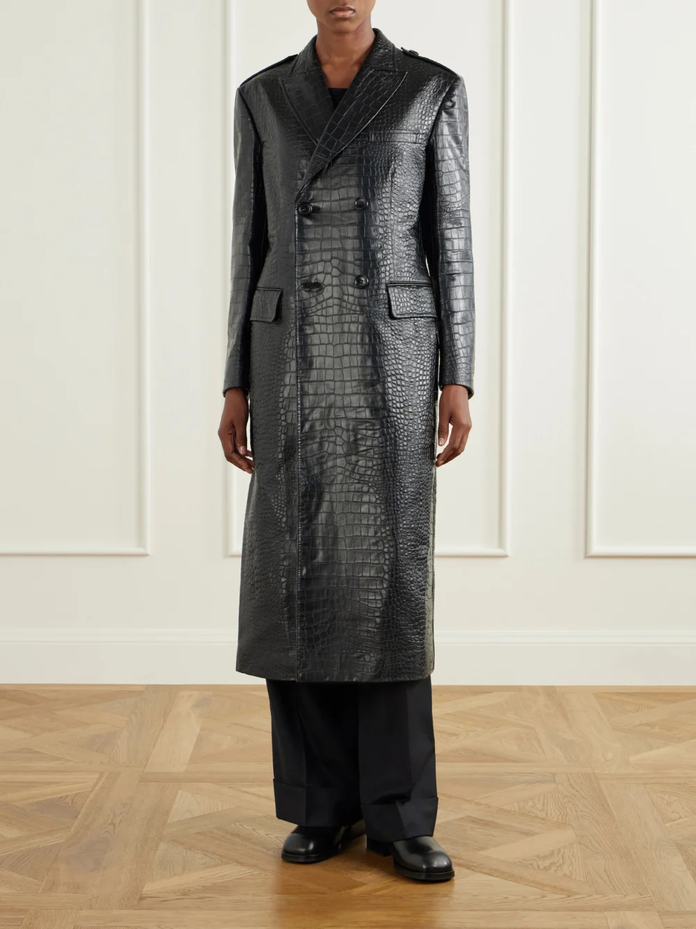 Junya Watanabe Croc-effect Material Double-breasted Coat, worn by a model