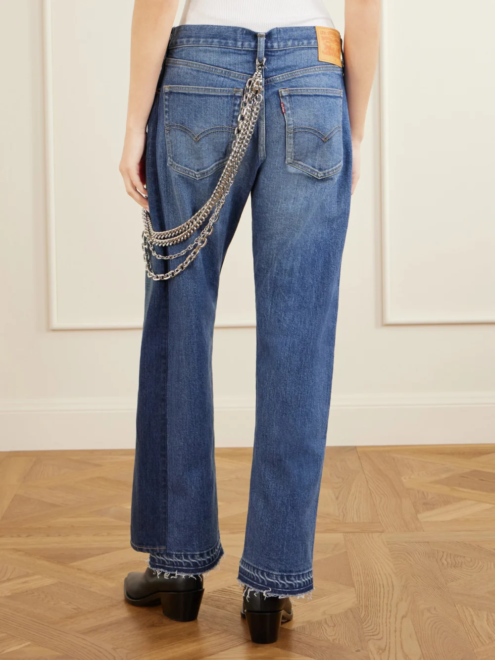 Back view of the Junya Watanabe Embellished Paneled Mid-rise Straight-leg Jeans