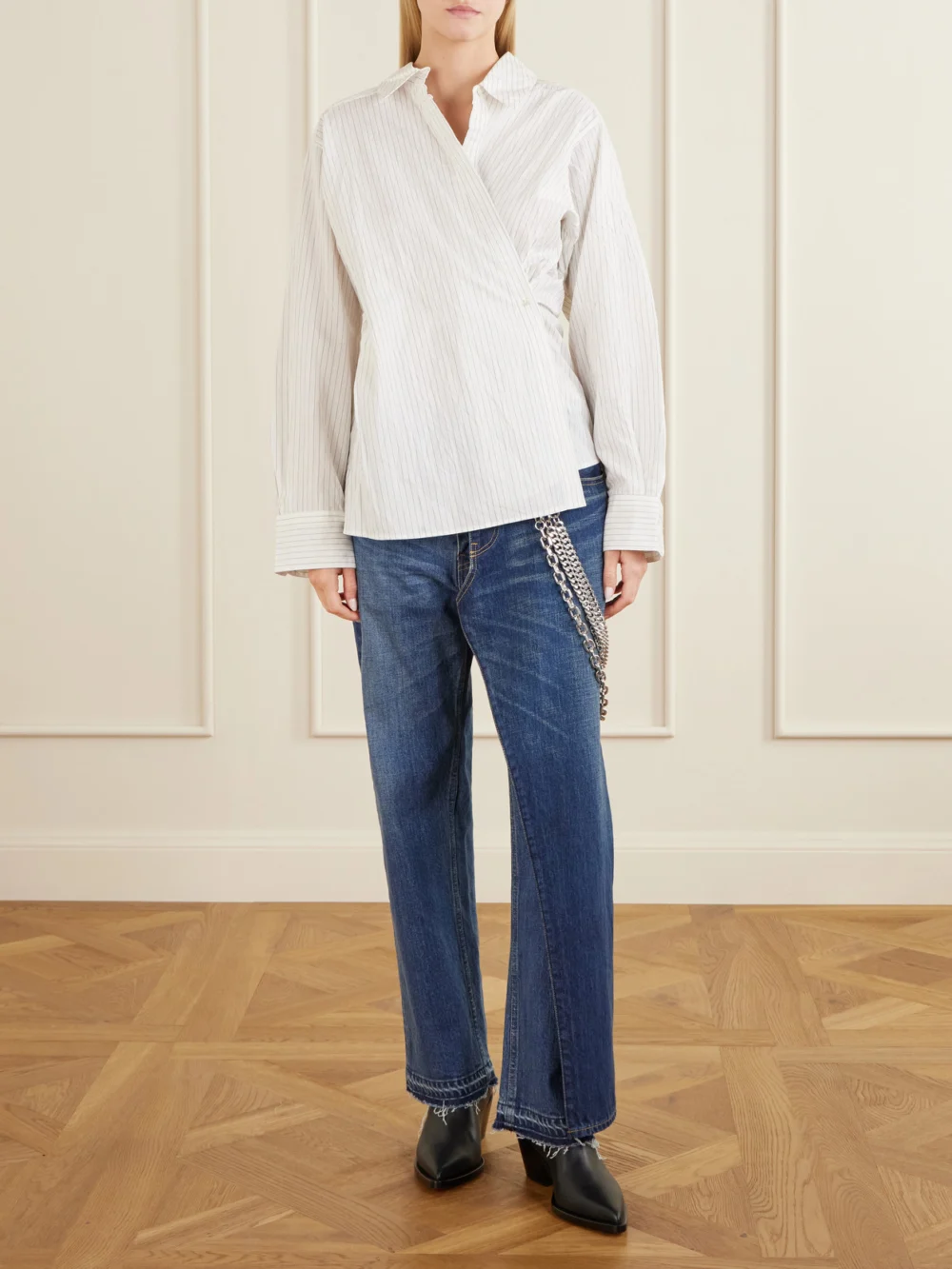Junya Watanabe Embellished Paneled Mid-rise Straight-leg Jeans, worn by a model
