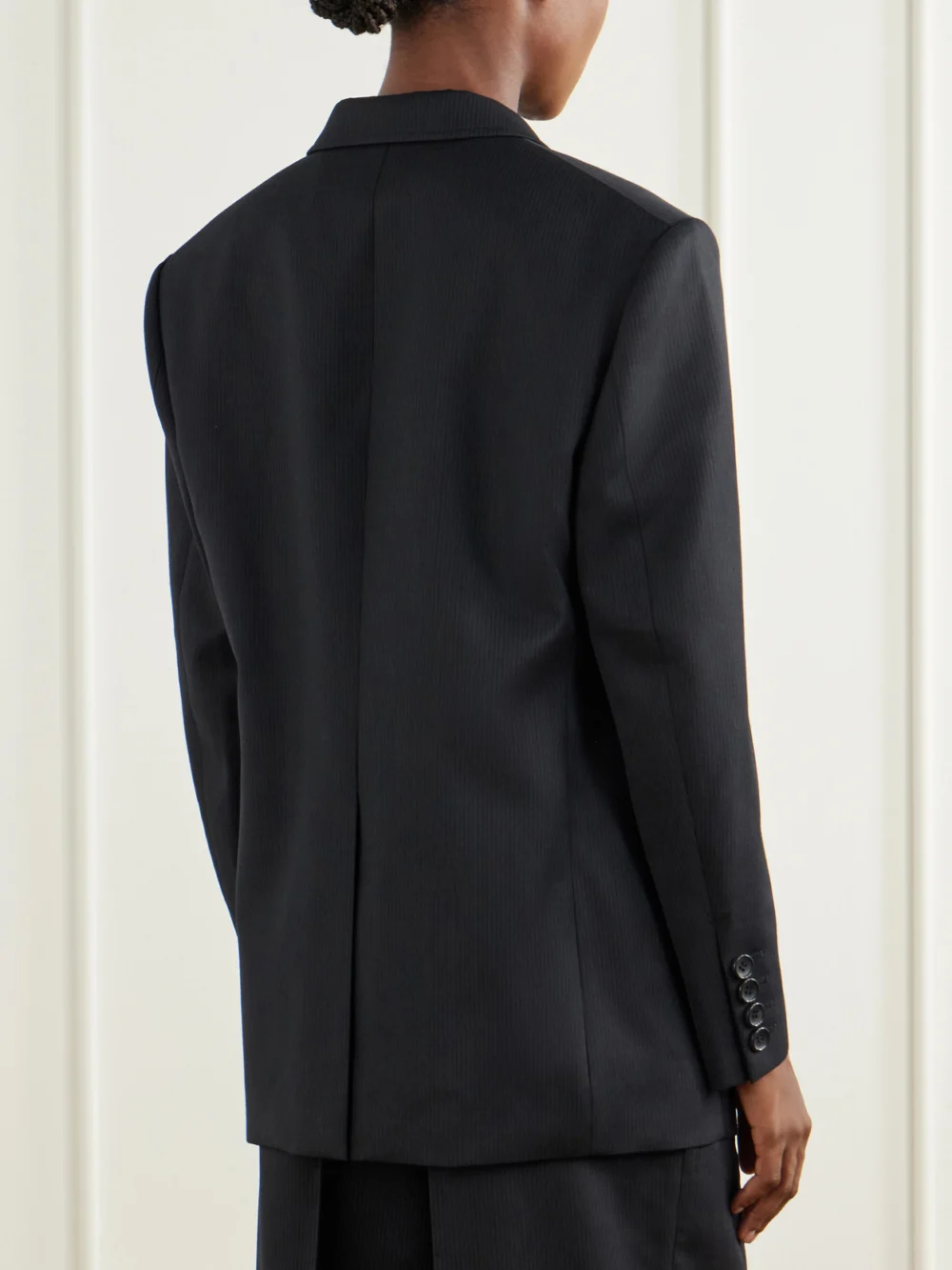 Back view of the Junya Watanabe Pinstriped Wool-blend Double-breasted Blazer