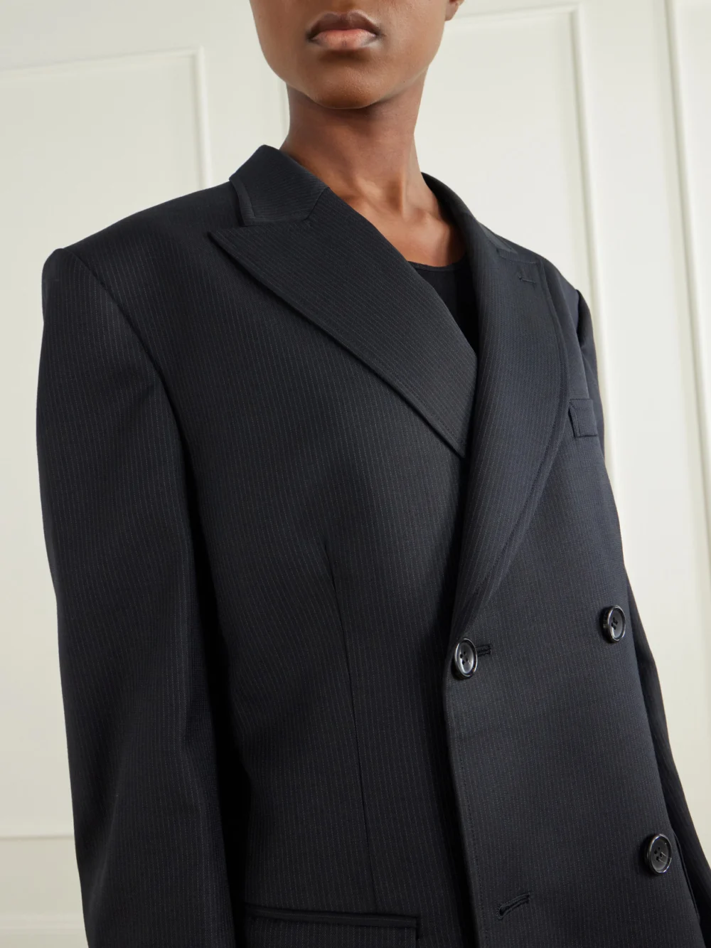 Close-up detail of the Junya Watanabe Pinstriped Wool-blend Double-breasted Blazer