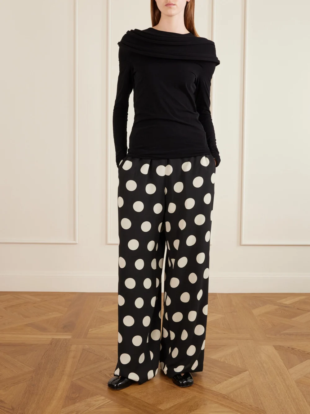 Junya Watanabe Polka-dot Georgette Wide-leg Pants, worn by a model