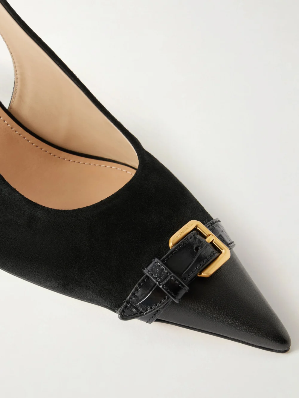 Close-up detail of the JW Anderson Buckled Leather-trimmed Suede Slingback Pumps